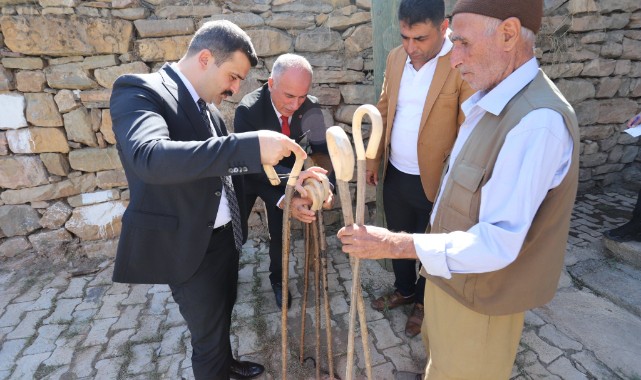 Asırlık çınarın yaptığı bastonları denedi